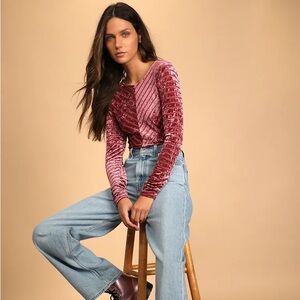 Lulus SAVE THE DATE Dusty Pink Velvet Striped Long Sleeve Bodysuit